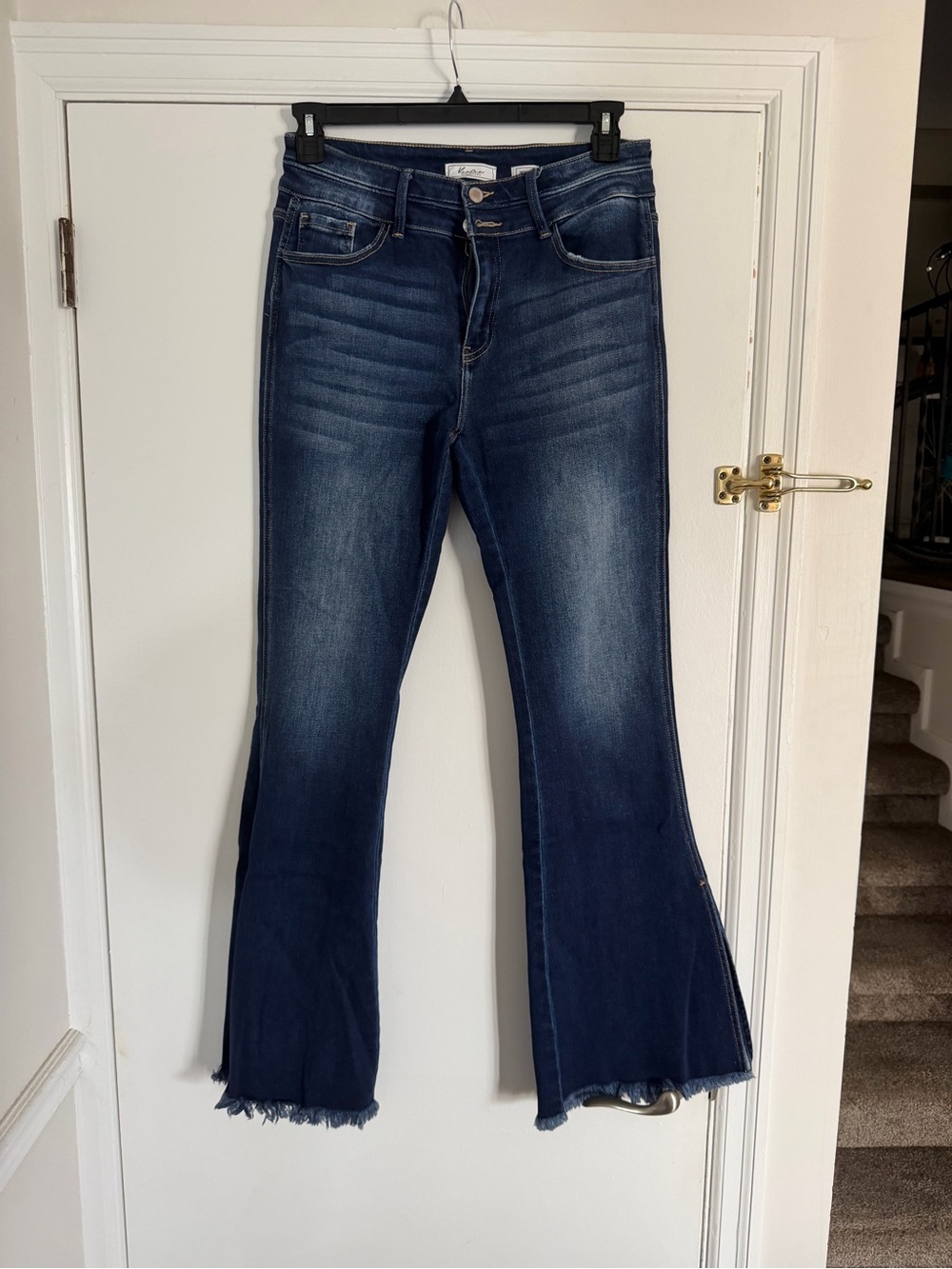 KanCan Dark Indigo Flare Jeans with Frayed Hem